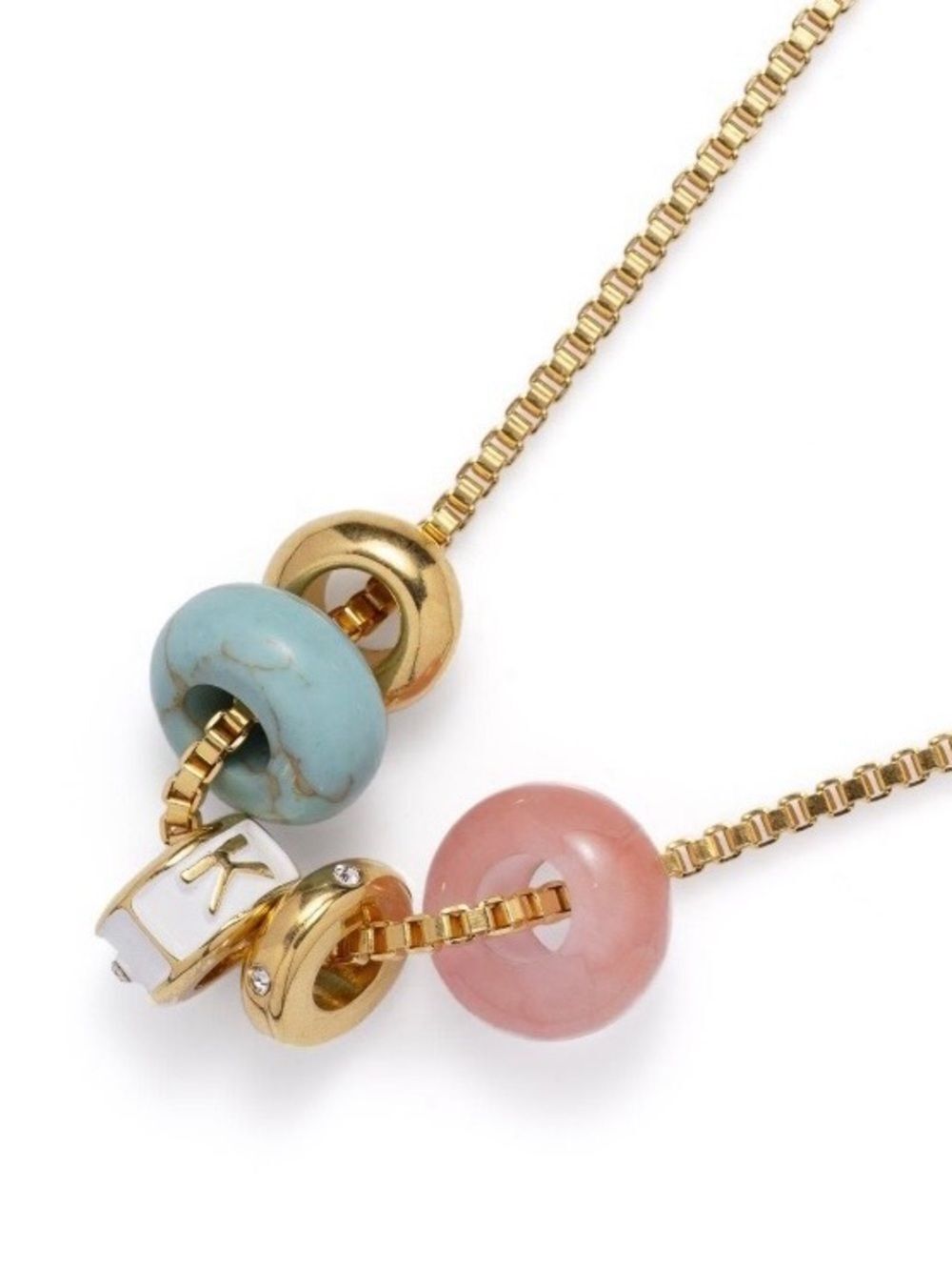 ‘K’ Gold Chain Necklace with Turquoise and Pink Bead Accents